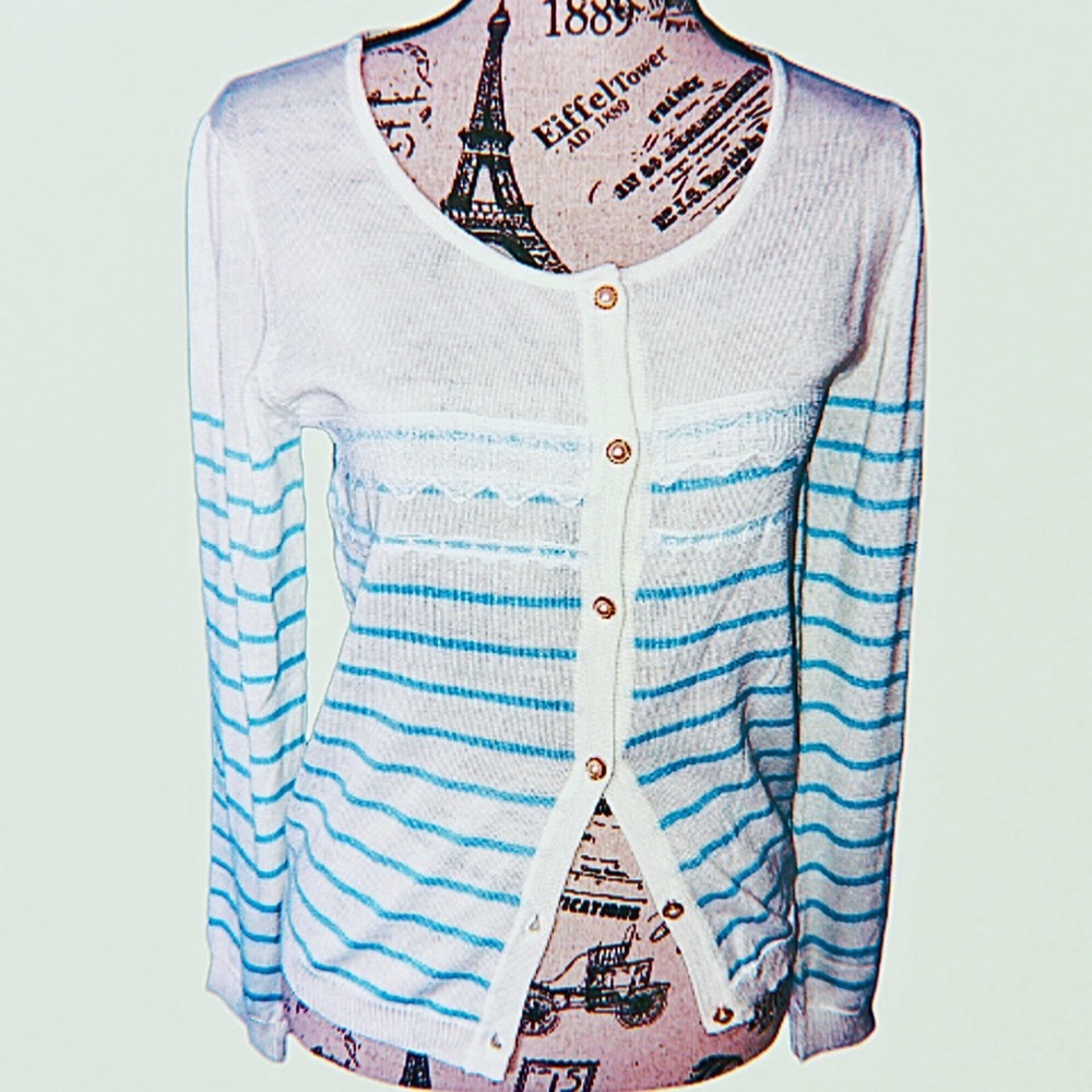 Women’s “Bestow” White & Blue Striped Cardigan (Size M)